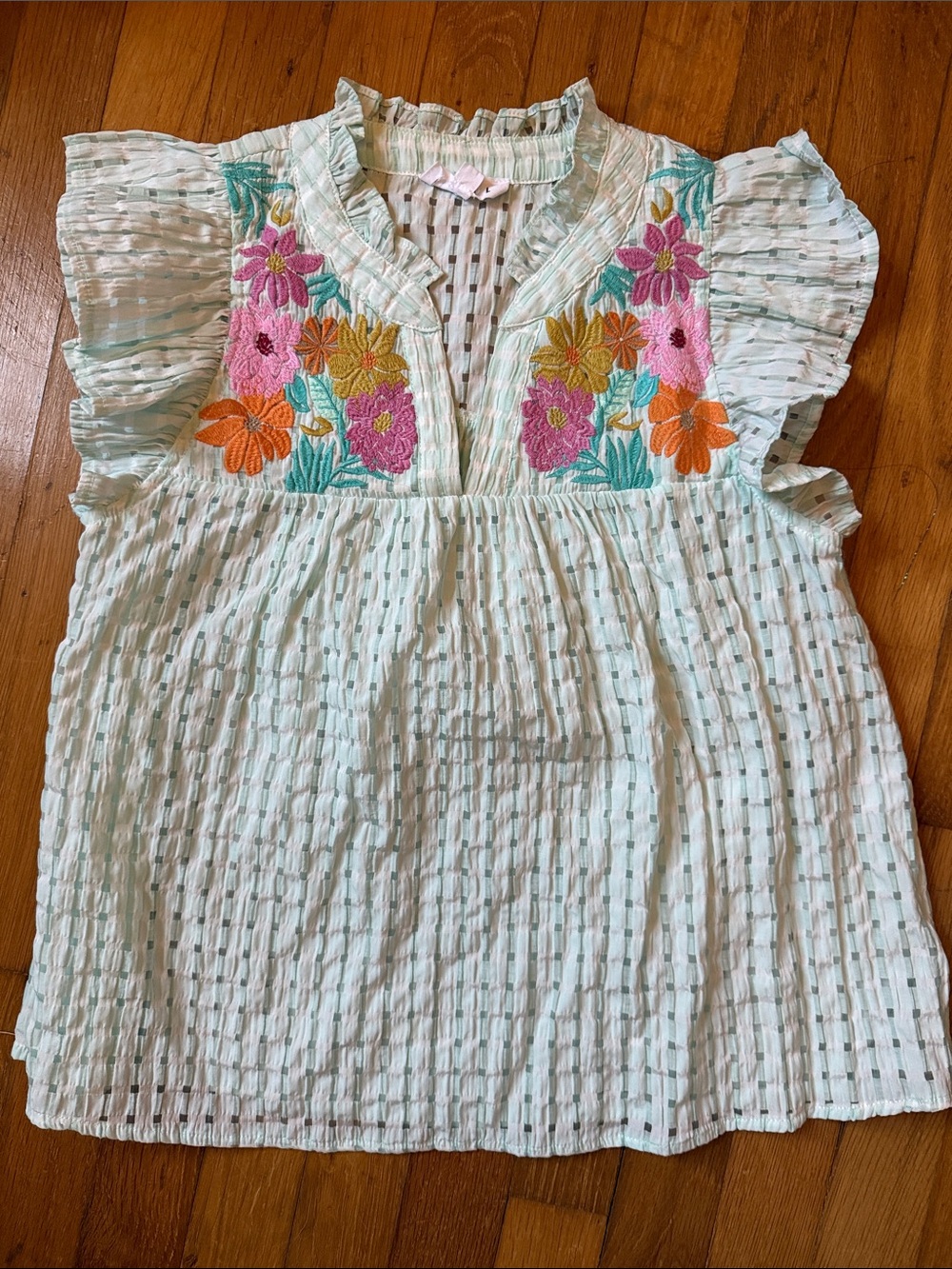 THML Mint Green Embroidered Flutter Sleeve Blouse